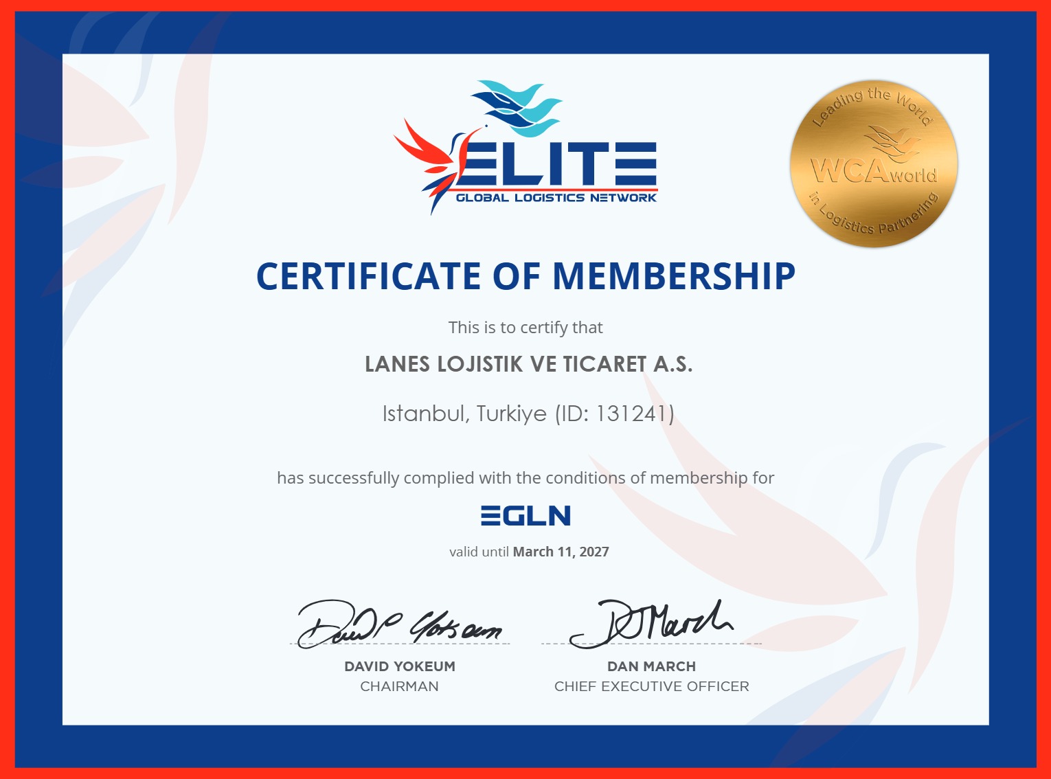 Lanes Logistics EGLN Membership Certificate