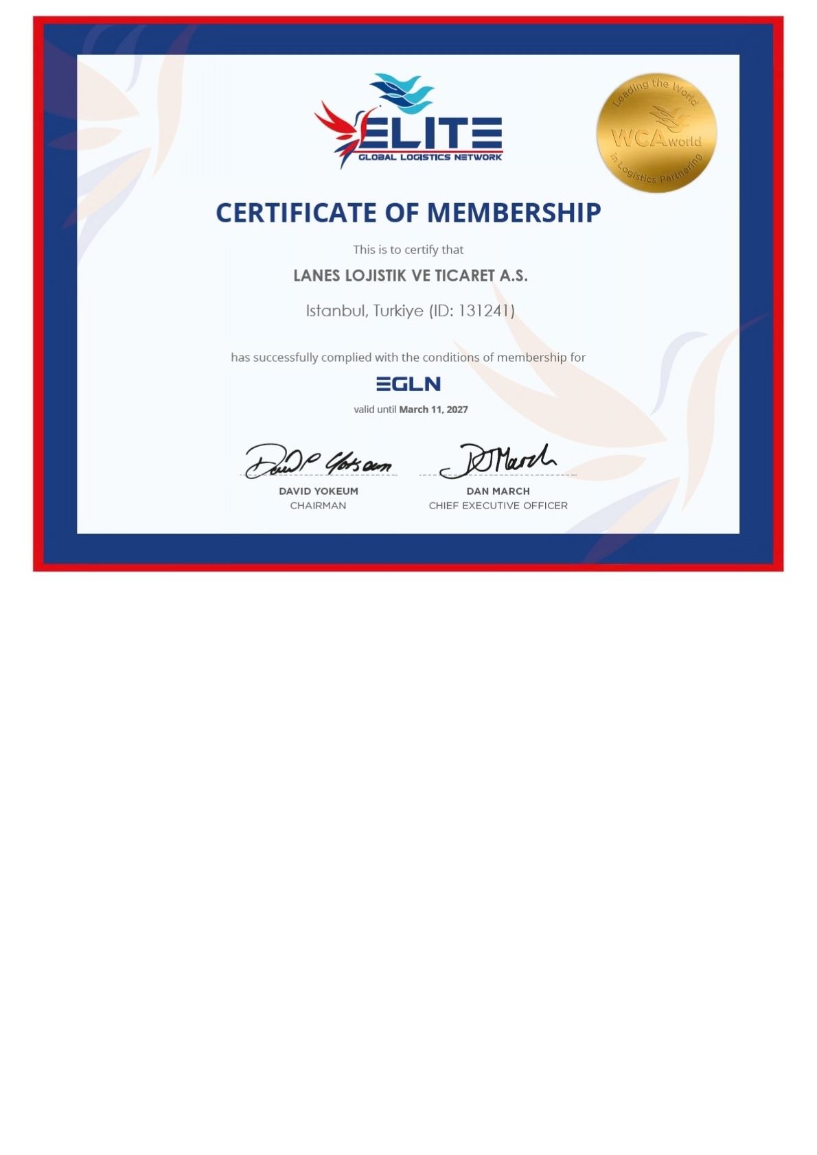 Сертификат членства EGLN компании Lanes Lojistik